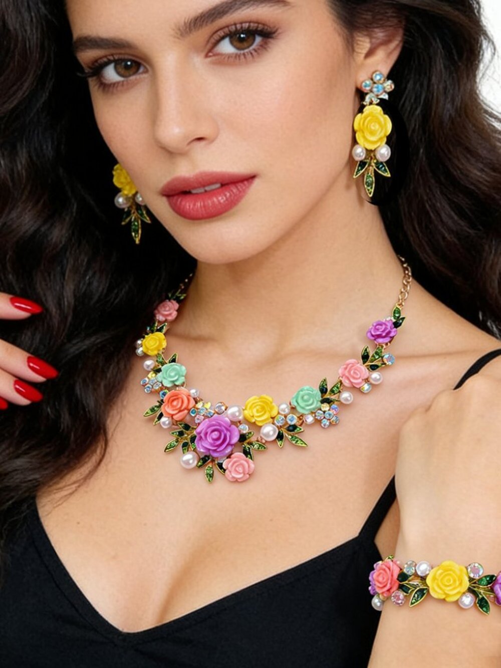 Coquette Aesthetic Multicolor 3D Rose Flower Pearl Statement Jewelry Set